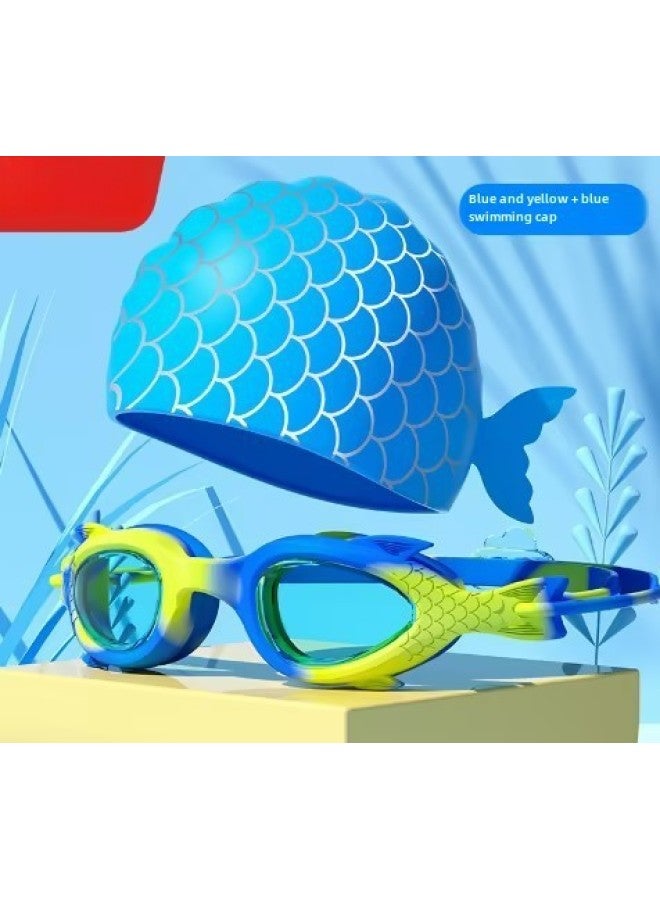 Generic Children's Swimming Goggles Anti-fog Boys And Girls Small Frame Goggles Swimming Training Diving Fish-shaped High-definition Waterproof Professional Equipment-Color:Blue Yellow Fish Cartoon Blue Silicone Cap - Image 1
