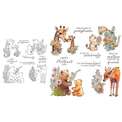 YIXUAN Love Mama Kids Animals in Spring Flowers Clear Stamp for Card Making Mothers Day DIY Scrapbooking Supplies Silicone Stamp with Plastic Envelope Bag for Albums Crafts Decor - Image 1