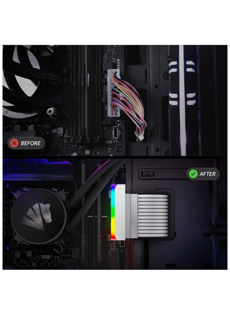 ATX 24 Pin 90 Degree Adapter, Computer Motherboard 24 Pin Female to Male Right Angle ARGB Rainbow Power Connector Supply Cable Modular DIY Mounting Accessessory with 5v 3Pin ARGB Light (White)  - Image 3