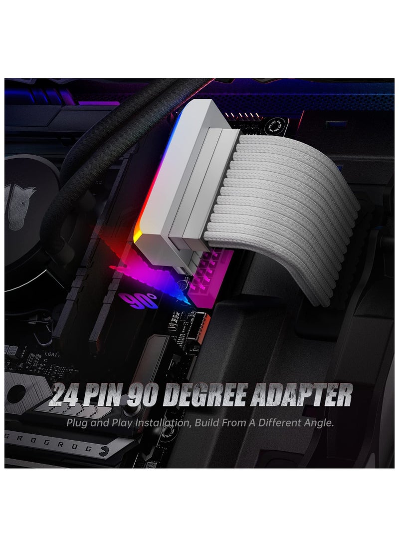 ATX 24 Pin 90 Degree Adapter, Computer Motherboard 24 Pin Female to Male Right Angle ARGB Rainbow Power Connector Supply Cable Modular DIY Mounting Accessessory with 5v 3Pin ARGB Light (White)  - Image 1