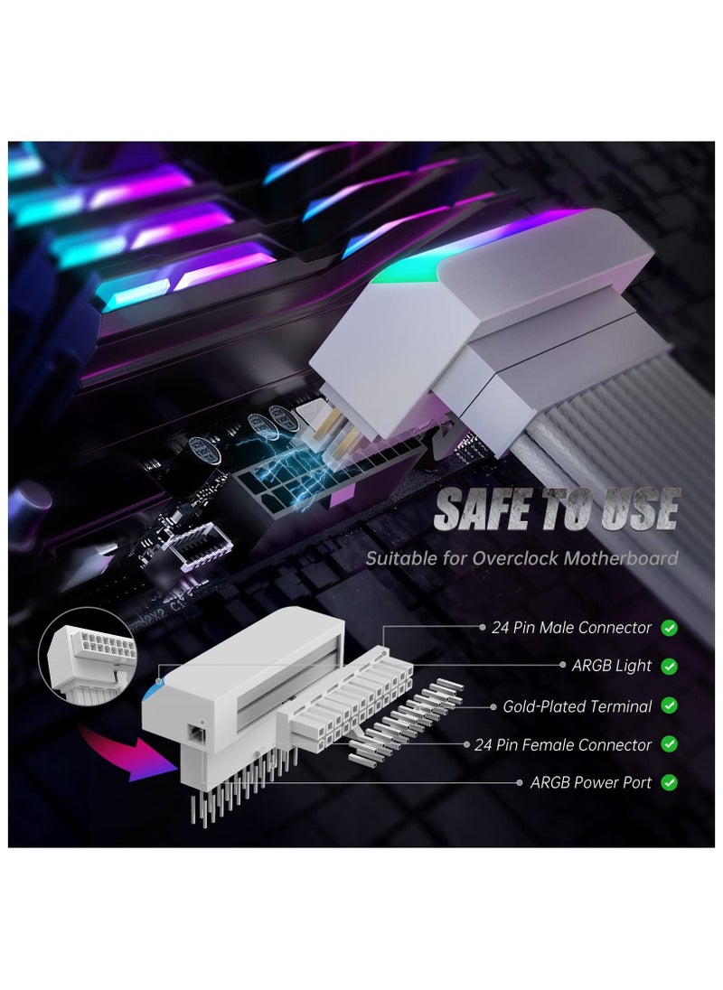 ATX 24 Pin 90 Degree Adapter, Computer Motherboard 24 Pin Female to Male Right Angle ARGB Rainbow Power Connector Supply Cable Modular DIY Mounting Accessessory with 5v 3Pin ARGB Light (White)  - Image 4