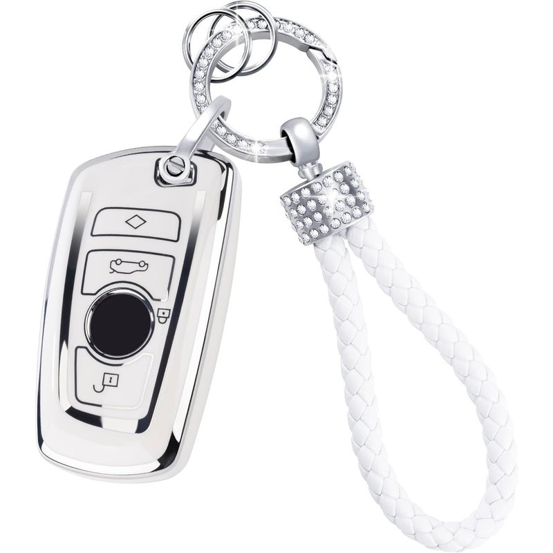 'S Test Model Silver-Edged Car Key Case Bag With Diamond-Encrusted Braided Rope Car Key Chain Pendant Case - Image 1