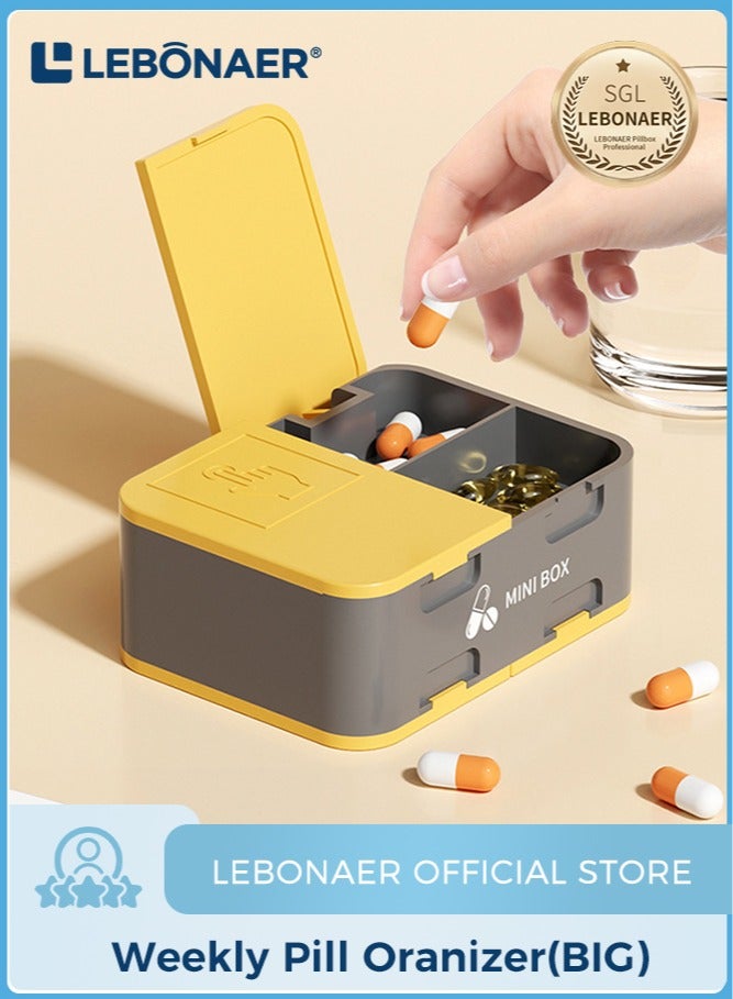 lebonaer Pill Organizer Airtight Pill Box with dispenser Large Pill Dispenser Home Travel Supplement Holder Portable Vitamin Sorter Jumbo Size 8 Compartment Airtight Vitamin Container Daily Medicine (Black&Yellow) - Image 1