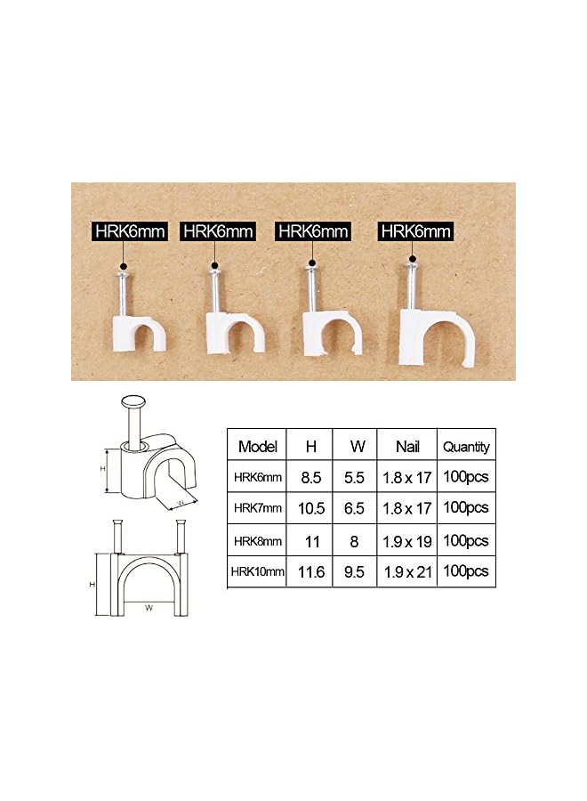 promass 400 Pcs Multiple Models Premium Plastic Round Cable Wire Clips with The Nails, White Plastic Cable Circle Clips Cable Management RG6 RG59 CAT5 CAT6 RJ45-4 Size 6mm / 7mm / 8mm / 10mm - Image 2