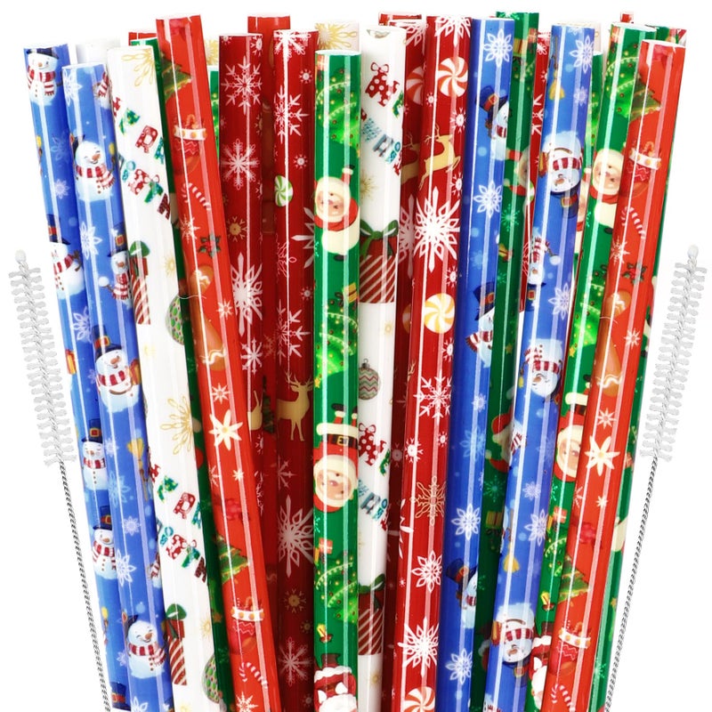 JANYUN JANYUN 30 Pieces Christmas Drinking Straws BPAFree 9inch Printing Hard Plastic Reusable Straws Xmas Balls Snowflake Elk Straw for Family Party Favors Supplies Cleaning Brush