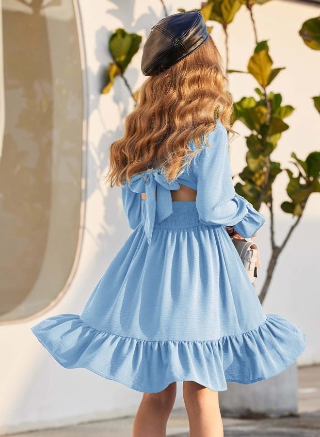 Arshiner Girls Tie Back Short Sleeve Ruffle Hem Off Shoulder Casual Elegant Dresses 4-12 Years, Ls-clear Blue, 11-12 Years - Image 3