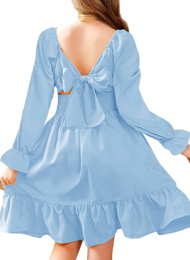 Arshiner Girls Tie Back Short Sleeve Ruffle Hem Off Shoulder Casual Elegant Dresses 4-12 Years, Ls-clear Blue, 11-12 Years - Image 1