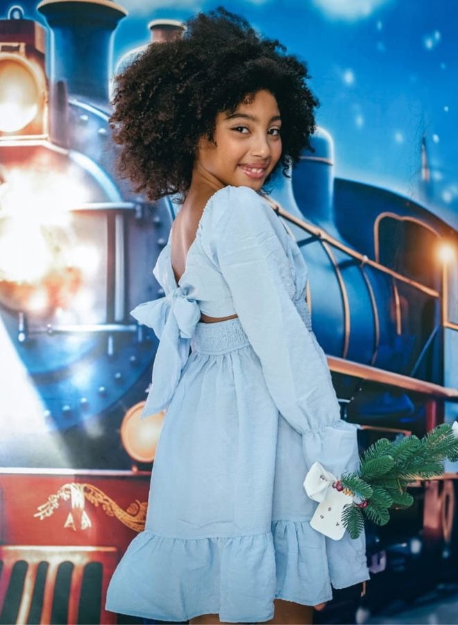 Arshiner Girls Tie Back Short Sleeve Ruffle Hem Off Shoulder Casual Elegant Dresses 4-12 Years, Ls-clear Blue, 11-12 Years - Image 5