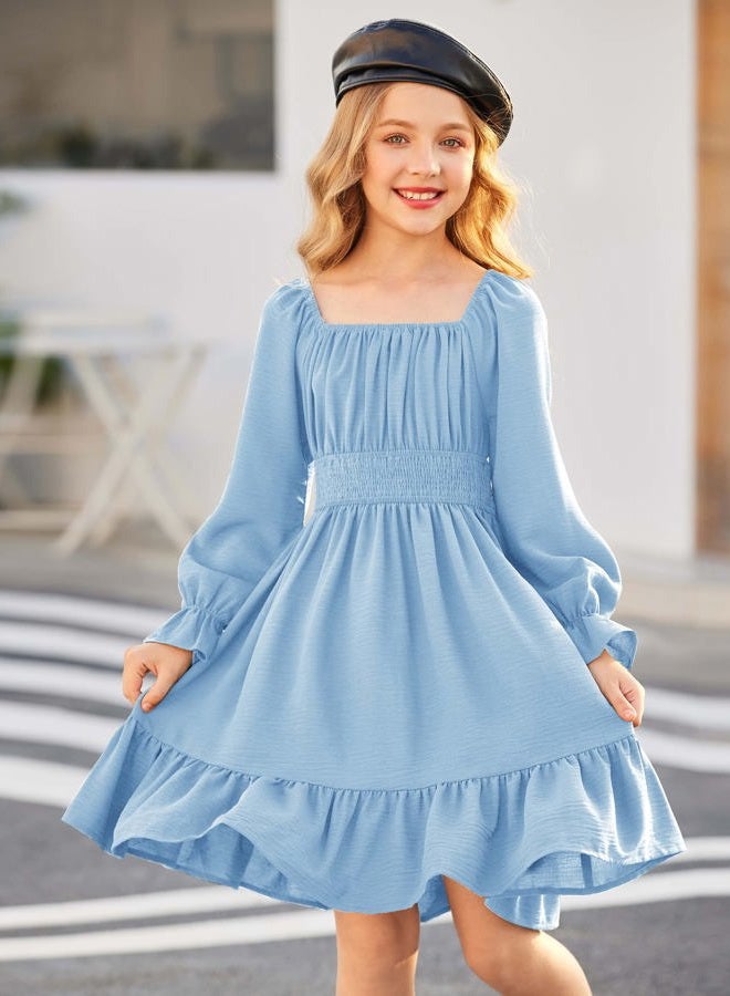 Arshiner Girls Tie Back Short Sleeve Ruffle Hem Off Shoulder Casual Elegant Dresses 4-12 Years, Ls-clear Blue, 11-12 Years - Image 2