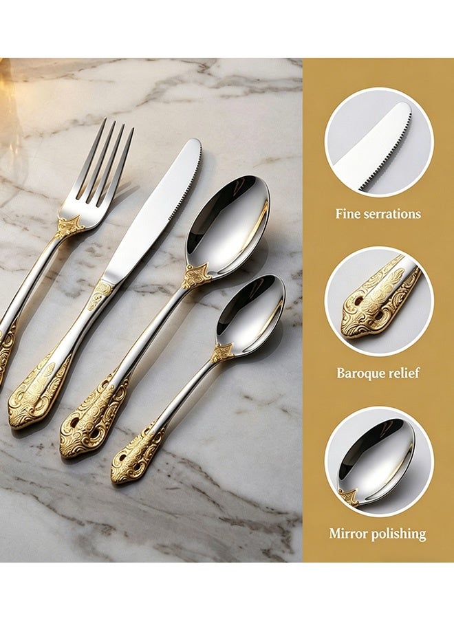 Quantum 4 Pcs Stainless Steel Flatware set  with Gold Plated - Vintage Gold Accent Silverware Set - Royal Ornate Silverware Set with Handle Includes Knife Fork Spoon for Weddings Parties and Dining - Image 3