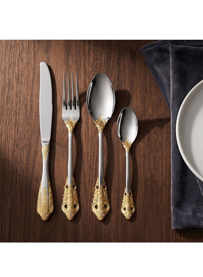 Quantum 4 Pcs Stainless Steel Flatware set  with Gold Plated - Vintage Gold Accent Silverware Set - Royal Ornate Silverware Set with Handle Includes Knife Fork Spoon for Weddings Parties and Dining - Image 5