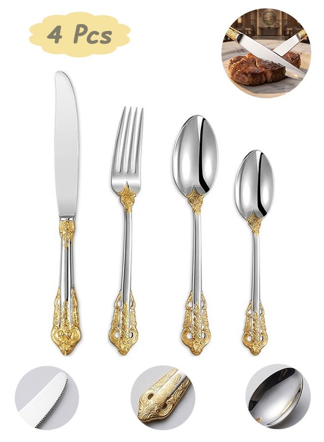 Quantum 4 Pcs Stainless Steel Flatware set  with Gold Plated - Vintage Gold Accent Silverware Set - Royal Ornate Silverware Set with Handle Includes Knife Fork Spoon for Weddings Parties and Dining - Image 1