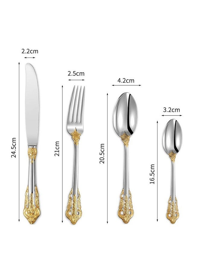 Quantum 4 Pcs Stainless Steel Flatware set  with Gold Plated - Vintage Gold Accent Silverware Set - Royal Ornate Silverware Set with Handle Includes Knife Fork Spoon for Weddings Parties and Dining - Image 2
