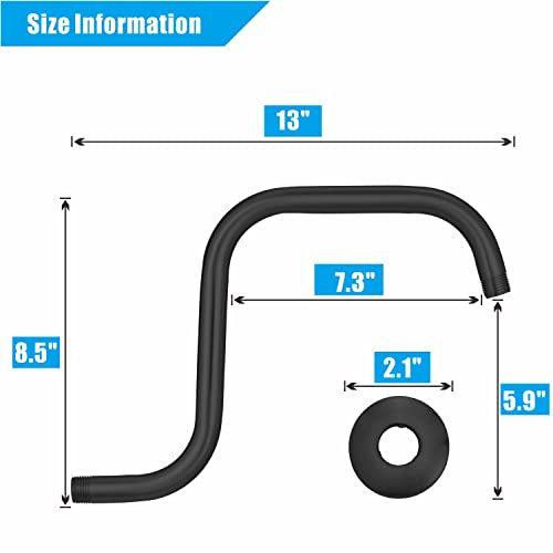 Voolan 13 Inch Shower Head Extension Arm with Flange, S Shaped Shower head Riser Pipe, Stainless Steel Long Goose Neck Curve Standard 1/2" Connection (Black) - Image 4