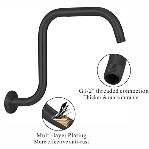 Voolan 13 Inch Shower Head Extension Arm with Flange, S Shaped Shower head Riser Pipe, Stainless Steel Long Goose Neck Curve Standard 1/2" Connection (Black) - Image 3