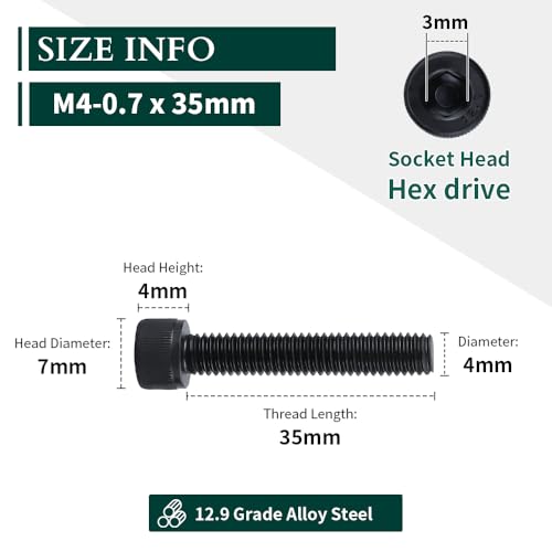 EASTLO M4-0.7 x 35mm Socket Head Cap Screws, 12.9 Grade Alloy Steel, Black Oxide Finish, Full Thread, Coarse Thread, Allen Hex Drive, 50 pcs - Image 4