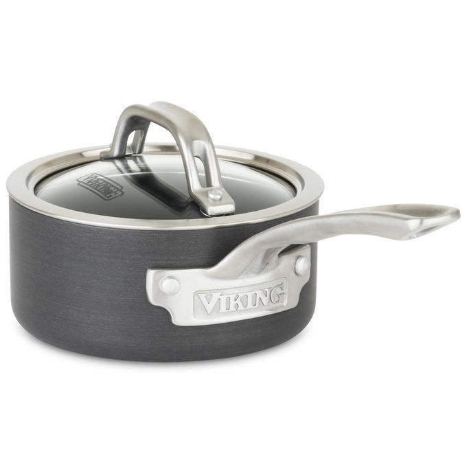 NON STICK SAUCE PAN WITH GLASS LID 1 QUART HARD ANODIZED NONSTICK SAUCEPAN COOKING POT DISHWASHER AND OVEN SAFE INDUCTION READY GRAY