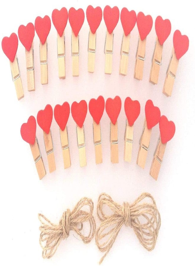 Prescent Pack of 20 Mini Red Heart Wooden Photo Paper and Multipurpose Clips with String - Image 1