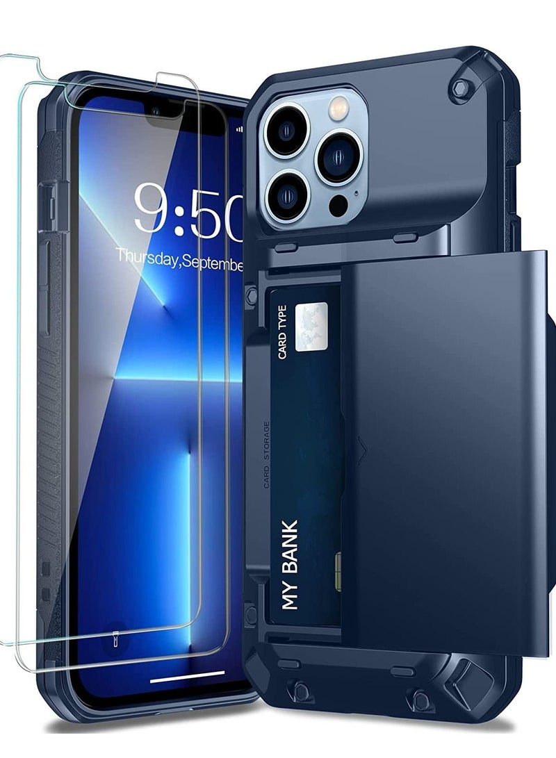 Captaintech Compatible with iPhone 13 Pro Max Case Protective Wallet Cover with Screen Protector x2 Semi Auto Hidden Card Slot Military Grade Drop Protection iPhone 13 Pro Max Case with Card Holder 6.7" - Image 1