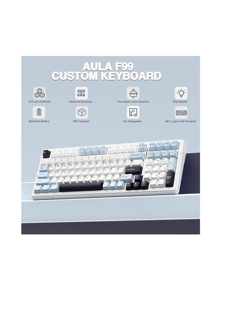 أولا لوحة مفاتيح ميكانيكية لاسلكية AULA F99، قابلة لتبديل المفاتيح بدون لحام، مزوّدة بمفاتيح خطية مشحّمة مسبقًا، بإضاءة خلفية RGB للألعاب – الألوان: أزرق + أبيض + بنفسجي داكن (شبيه بالأسود) - مفاتيح ريبر - Image 1