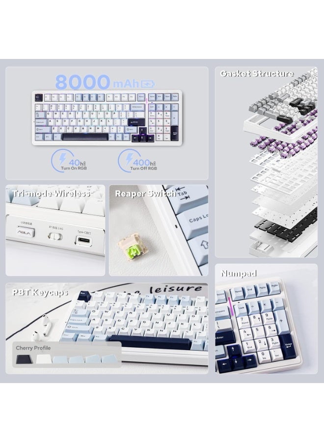 AULA F99 Wireless Mechanical Keyboard, Hot Swappable, Pre-lubed Linear, RGB Backlit Gaming Keyboard - Blue+White+Dark Purple(simi-Black) - reaper switch - Image 2