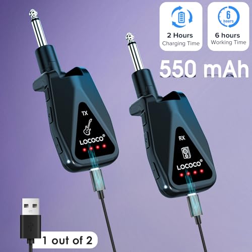 Lococo نظام جيتار لاسلكي: جهاز إرسال واستقبال UHF بدون سلك بمدى 164 قدم - 6 قنوات قابلة لإعادة الشحن عبر USB-C، تصميم قابس دوار بزاوية 220° للجيتار والبيس والآلات الكهربائية (أسود) - Image 3