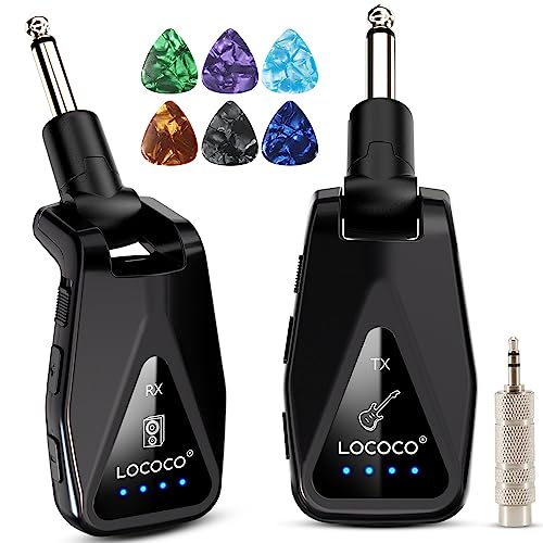 Lococo نظام جيتار لاسلكي: جهاز إرسال واستقبال UHF بدون سلك بمدى 164 قدم - 6 قنوات قابلة لإعادة الشحن عبر USB-C، تصميم قابس دوار بزاوية 220° للجيتار والبيس والآلات الكهربائية (أسود) - Image 1