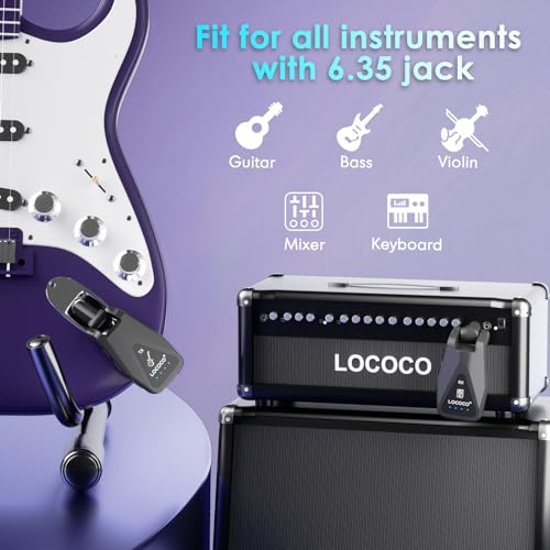 Lococo نظام جيتار لاسلكي: جهاز إرسال واستقبال UHF بدون سلك بمدى 164 قدم - 6 قنوات قابلة لإعادة الشحن عبر USB-C، تصميم قابس دوار بزاوية 220° للجيتار والبيس والآلات الكهربائية (أسود) - Image 2