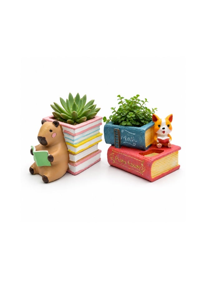 Reading 2Pcs Set Pig and Puppy Design Flower Pot Polyresin Decorative Planter for Succulents Mini Plants Indoor Outdoor Home Office Desk Décor Pen Pencil Holder Propagator Kit (2Pcs Set) - Image 1