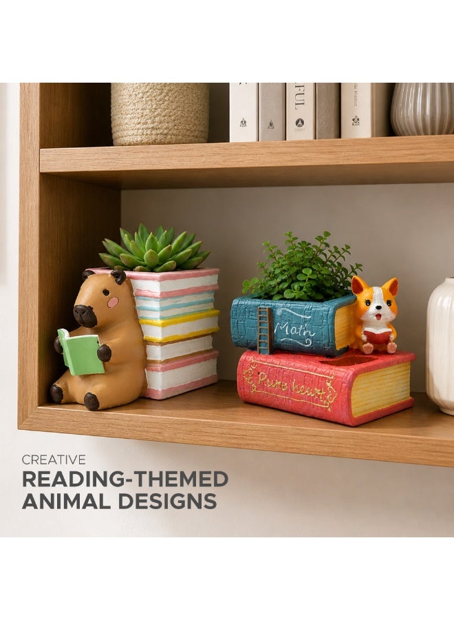 Reading 2Pcs Set Pig and Puppy Design Flower Pot Polyresin Decorative Planter for Succulents Mini Plants Indoor Outdoor Home Office Desk Décor Pen Pencil Holder Propagator Kit (2Pcs Set) - Image 2