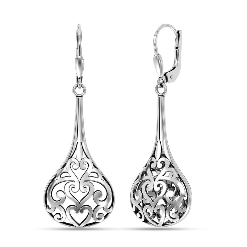LeCalla Sterling Silver Leverback Earrings Lightweight Antique Oxidized Filigree Bali Inspired Lever-Back Teardrop Dangle Drop Earring for Women - 47mm - Image 1