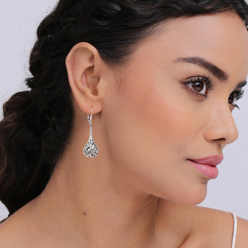 LeCalla Sterling Silver Leverback Earrings Lightweight Antique Oxidized Filigree Bali Inspired Lever-Back Teardrop Dangle Drop Earring for Women - 47mm - Image 2