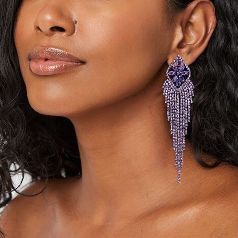 EVER FAITH Rhinestone Tassel Fringe Dangle Drop Earring, Sparkle Marquise Crystal Long Dangling Chandelier Statement Earrings for Woman Purple Black-Tone - Image 3