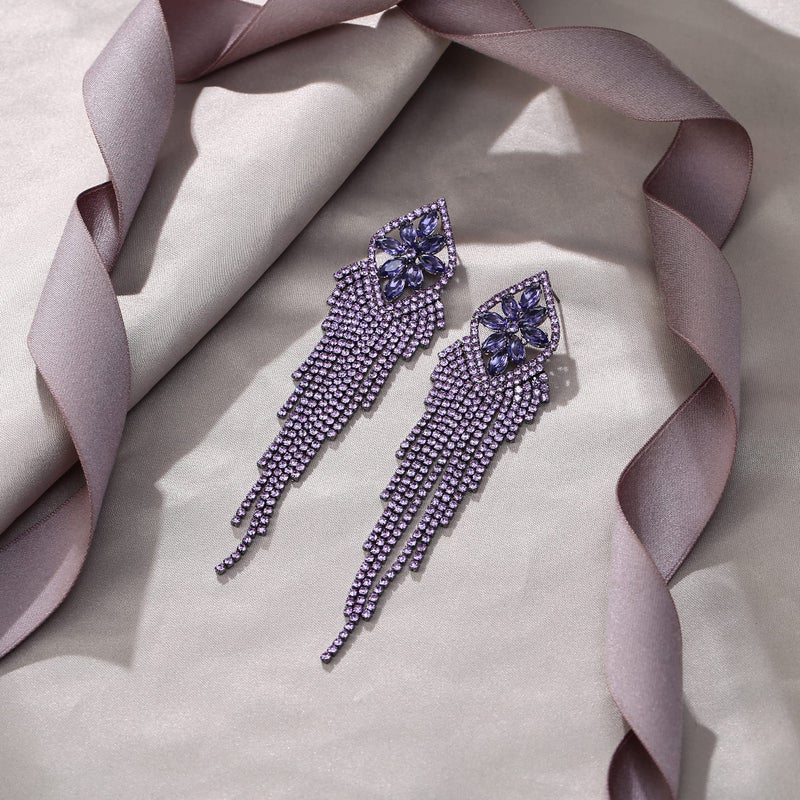 EVER FAITH Rhinestone Tassel Fringe Dangle Drop Earring, Sparkle Marquise Crystal Long Dangling Chandelier Statement Earrings for Woman Purple Black-Tone - Image 4
