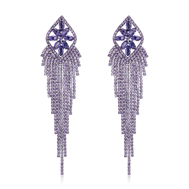 EVER FAITH Rhinestone Tassel Fringe Dangle Drop Earring, Sparkle Marquise Crystal Long Dangling Chandelier Statement Earrings for Woman Purple Black-Tone - Image 1