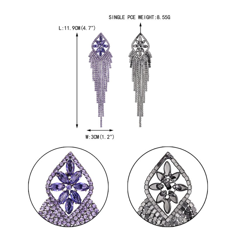 EVER FAITH Rhinestone Tassel Fringe Dangle Drop Earring, Sparkle Marquise Crystal Long Dangling Chandelier Statement Earrings for Woman Purple Black-Tone - Image 5