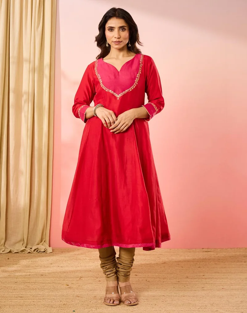 Fabindia  Red Cotton Silk Embroidered Slim Fit Long Kurta for Women | Best Price UAE