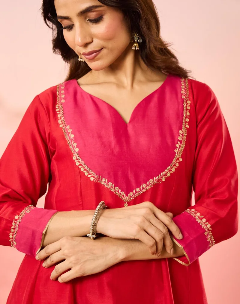 Fabindia  Red Cotton Silk Embroidered Slim Fit Long Kurta for Women | Best Price UAE