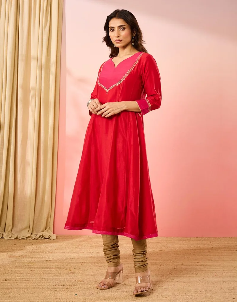 Fabindia  Red Cotton Silk Embroidered Slim Fit Long Kurta for Women | Best Price UAE