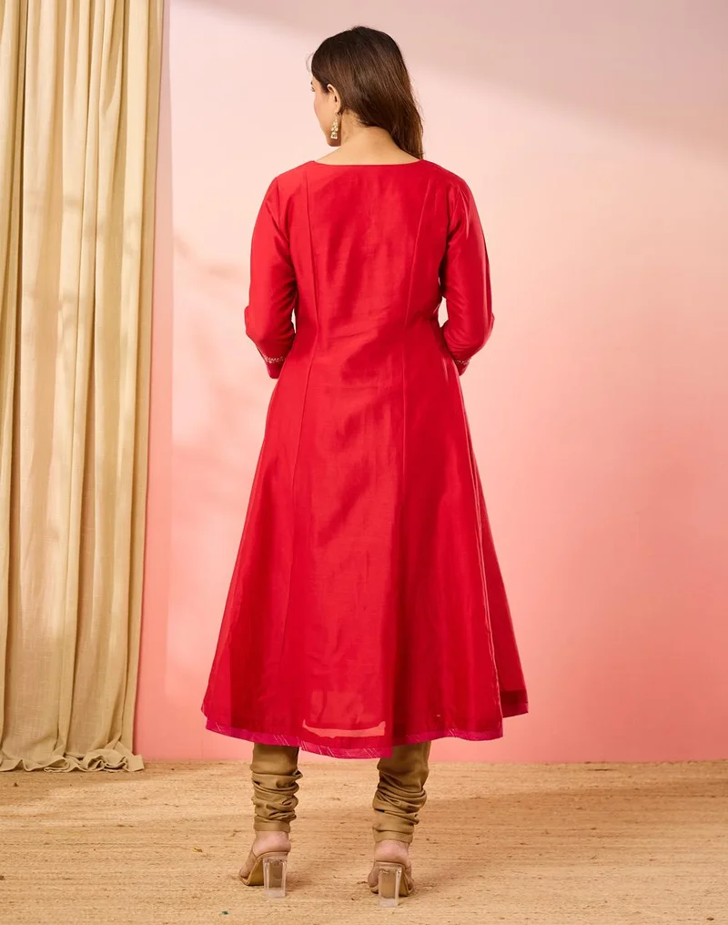 Fabindia  Red Cotton Silk Embroidered Slim Fit Long Kurta for Women | Best Price UAE
