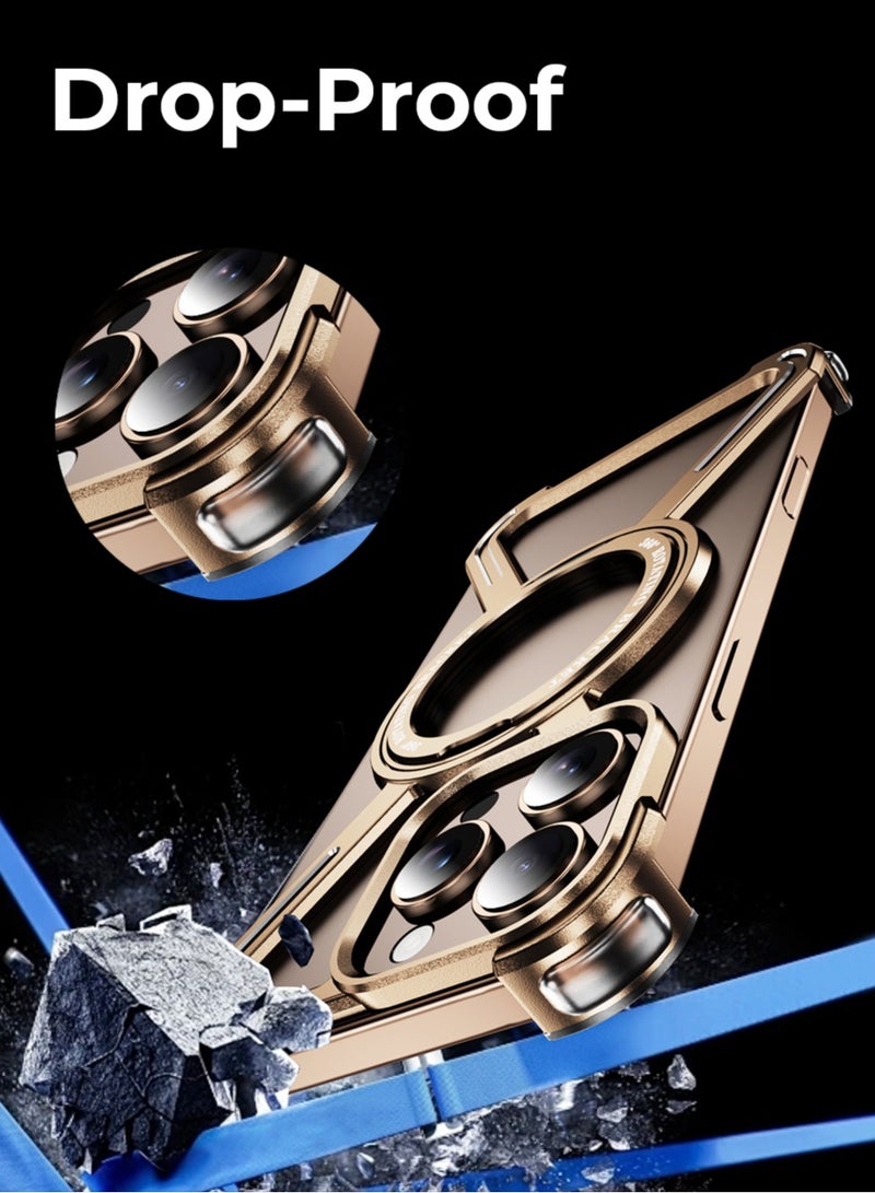 جلاسولوجي iPhone 16 Pro Max Borderless Frameless Case Desert Titanium Featuring 360° Rotating Adjustable Ring Stand Magnetic Case Shockproof Design and Wireless Charging Compatibility - Image 3