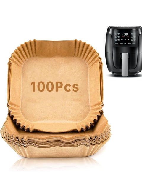 ECARES® Air Fryer Disposable Paper Liners, Non-Stick Parchment Paper, Food-Grade, Double-Sided Silicone Oil Coating, Waterproof, Oil-Resistant, High-Temperature Resistant, for Air Fryer, Baking, Microwave, Square, 100 Pieces, Brown, 20cm / 7.9 inches.