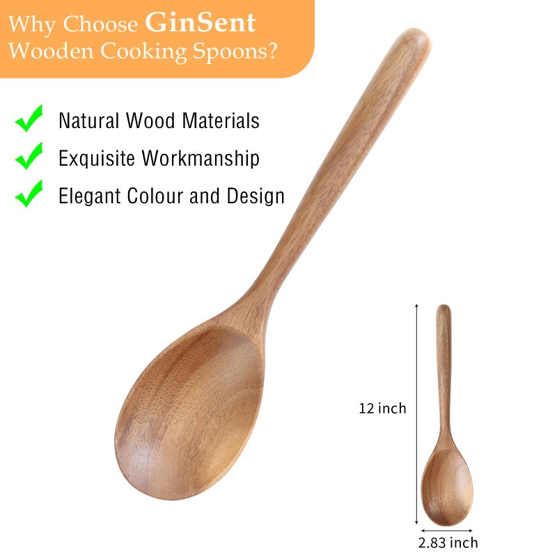 GinSent Kitchen Wooden Cooking Spoon Solid Acacia Wood Serving Spoons For Mixing Stirring Nonstick Kitchen Utensils Tableware Ladle Scoop For Soup Stews Salad Pasta Sauce Chili (2 Pieces) - Image 2