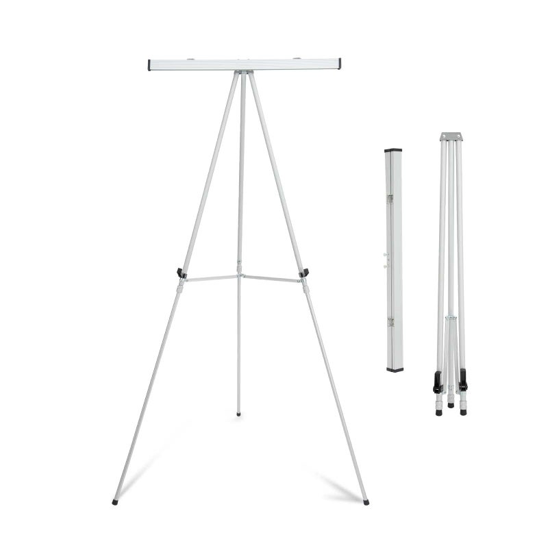 Falling in Art Aluminum Flip Chart Display Easel Stand with Adjustable Floor for Boardroom, Whiteboard, Paper Pads, Signage, 63 1/2'' High, Silver - Image 1