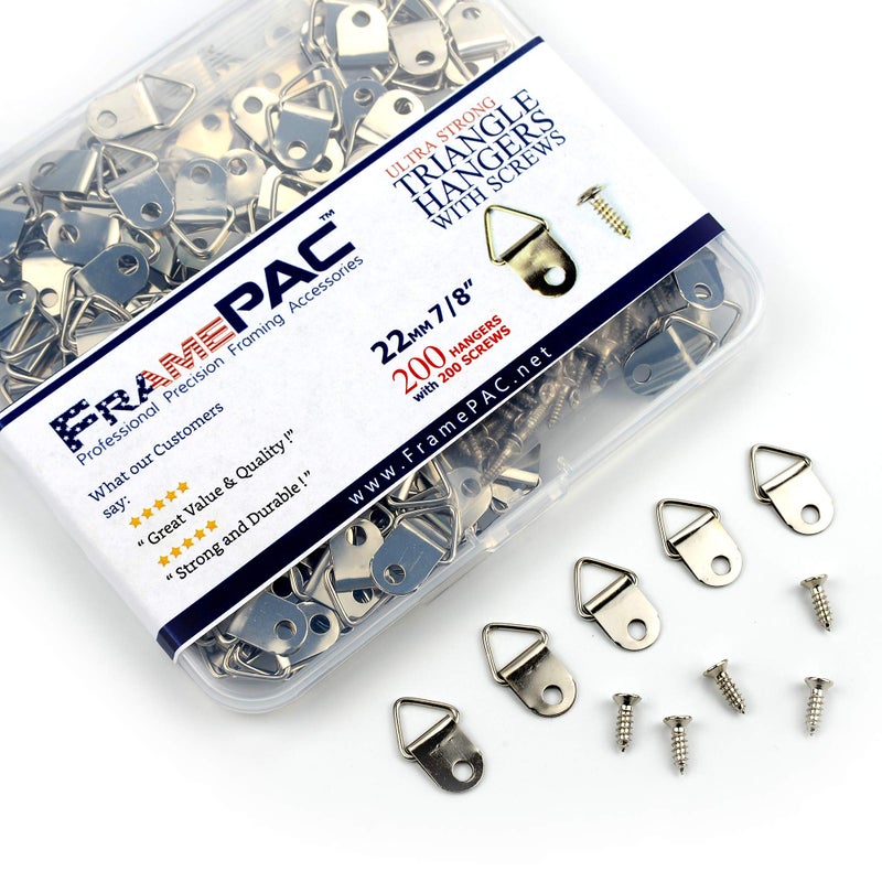 FramePac Small Triangle Picture Hangers with Screws [200 Pcs] - (AKA Picture Hanging Hardware  Picture Frame Hanger  Picture Hanger Hooks  Picture Hooks for Hanging) - Image 1