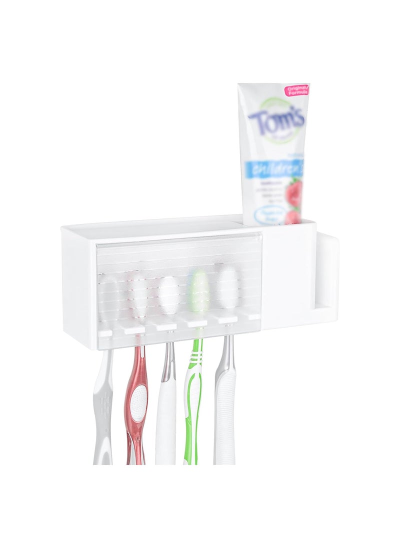 SYOSI Wallmount Toothbrush Holder, 5 Slots with Cover, Plastic Multifunctional Toothpaste Toothbrush Organizer, Compatible with Oral-B Cross Action, Colgate Renewal, for Shower, RV, Camper(White)  - Image 1