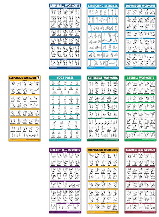 Palace Learning 10 Pack - Exercise Workout Poster Set - Suspension Volume 1 & 2, Dumbbell, Kettlebell, Resistance Bands, Stretching, Bodyweight, Barbell, Yoga Poses, Exercise Ball (PAPER - NOT LAMINATED 18" x 24") - Image 1