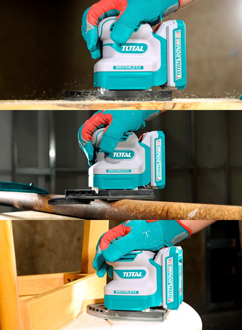 TOTAL 20V Brushless Cordless Palm Sander - 12000RPM High-Speed Detail Sander with Finger Pad Attachment, 2.0Ah Battery & 6-Piece Sandpaper Set - TPSLI20241 - Image 3