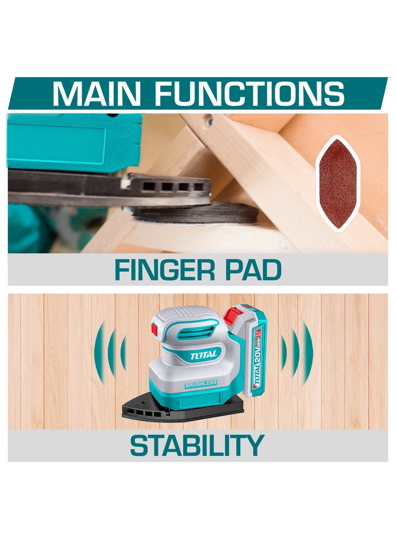 TOTAL 20V Brushless Cordless Palm Sander - 12000RPM High-Speed Detail Sander with Finger Pad Attachment, 2.0Ah Battery & 6-Piece Sandpaper Set - TPSLI20241 - Image 2