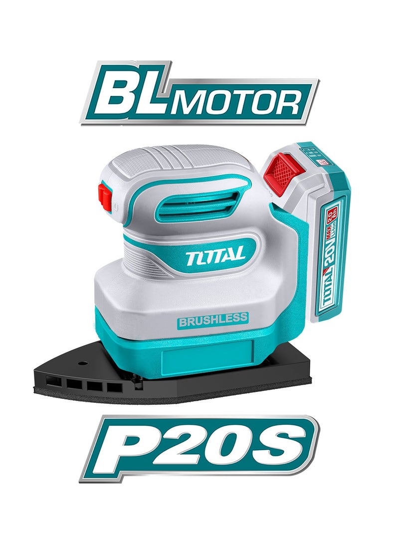 TOTAL 20V Brushless Cordless Palm Sander - 12000RPM High-Speed Detail Sander with Finger Pad Attachment, 2.0Ah Battery & 6-Piece Sandpaper Set - TPSLI20241 - Image 4